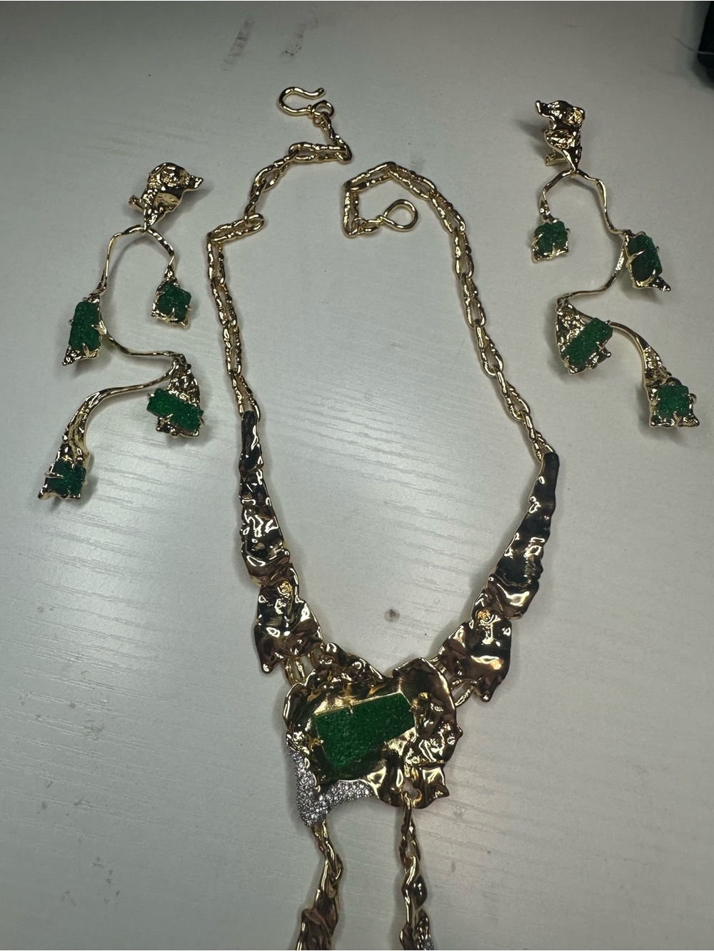 Alexis Bittar Gold Necklace and Earring Set with Green Accents